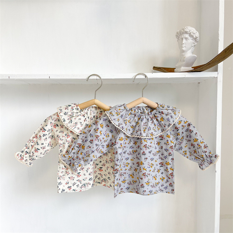 Primavera y otoño bebé niña pequeña camisa de solapa superior floral estilo japonés y coreano simple dulce manga larga Camiseta estilo occidental
