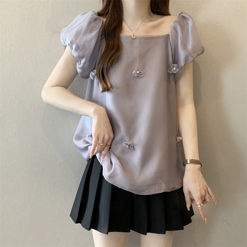 Фиолетовая стерео рубашка с цветочным принтом и пышными рукавами для женщин, весна-лето 2025, красивая рубашка из шифона, супер стильный топ