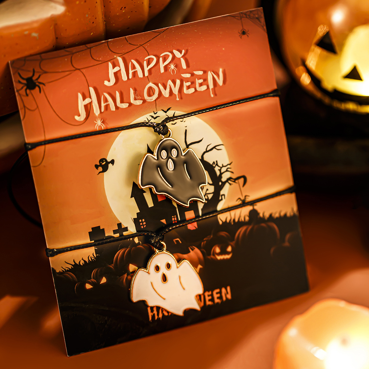 Halloween ghost leather wax line bracelet, dark wind bat alloy bracelet set_voghion.com