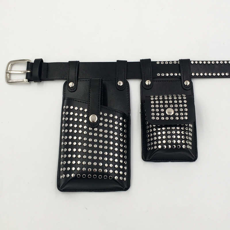 Two-piece Belt Waist Bag Rivet Punk PULeather Mobile Phone Bag Hip-Hop Rap Motorcycle Bag