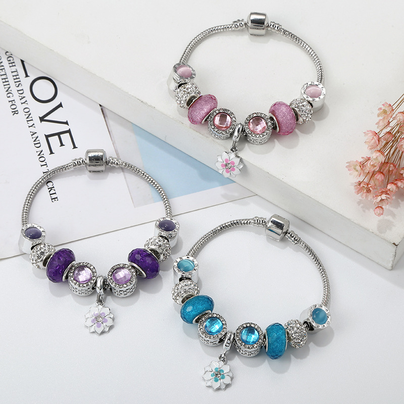 Retro Round Flower Alloy Copper Enamel Artificial Gemstones Womenu0027S Bracelets