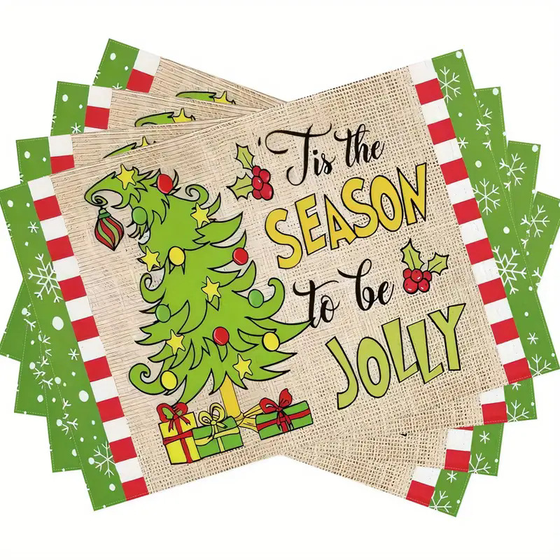 Manteles individuales navideños de lino estampado, decoración de mesa resistente al calor