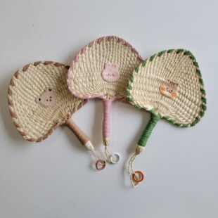 ins Korean Same Style Pure Handmade Cattail Fan Cute dot Animal Head Natural Cattail Fan Cattail Grass Weaving Spot Supply