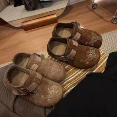 厚底绒面勃肯鞋女2025秋新款游牧风刺绣单鞋全包一脚蹬穆勒博肯鞋