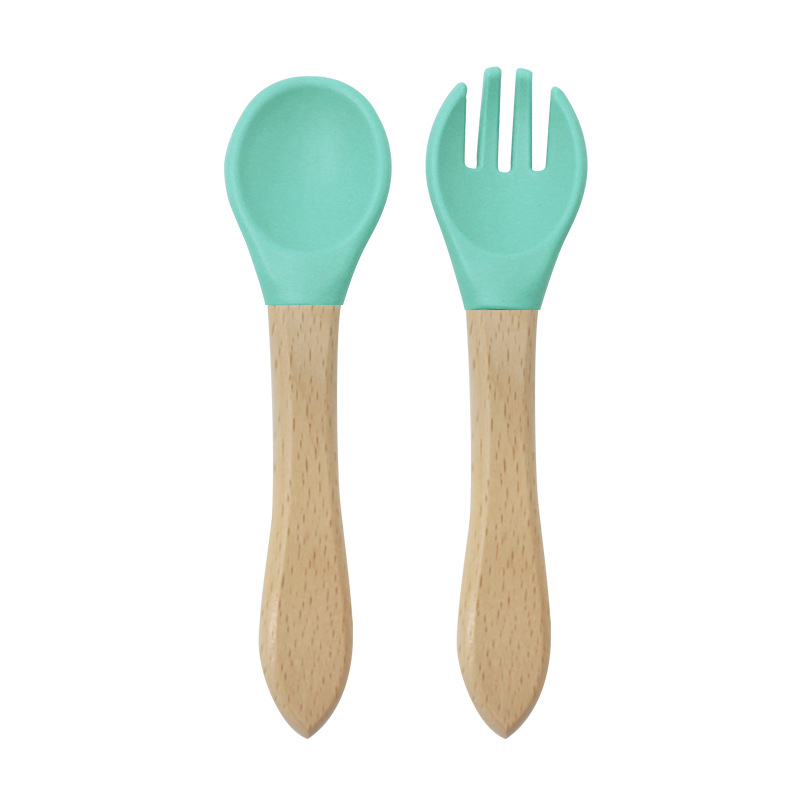 Bebé mango de madera tenedor cuchara traje de alimentación de los niños de madera mango tenedor cuchara conjunto cuchara de silicona tenedor bebé alimento suplemento tenedor cuchara traje image 10