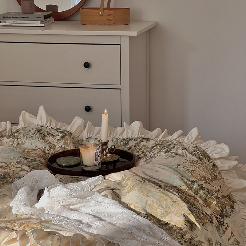 Nordic Vintage Four Piece Bedding Set Pure Cotton Princess Style_voghion.com