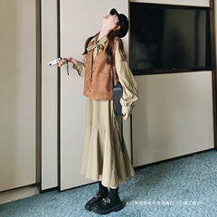 跨境一整套法式小众条纹衬衫连衣裙套装女2025春季新款复古马甲两