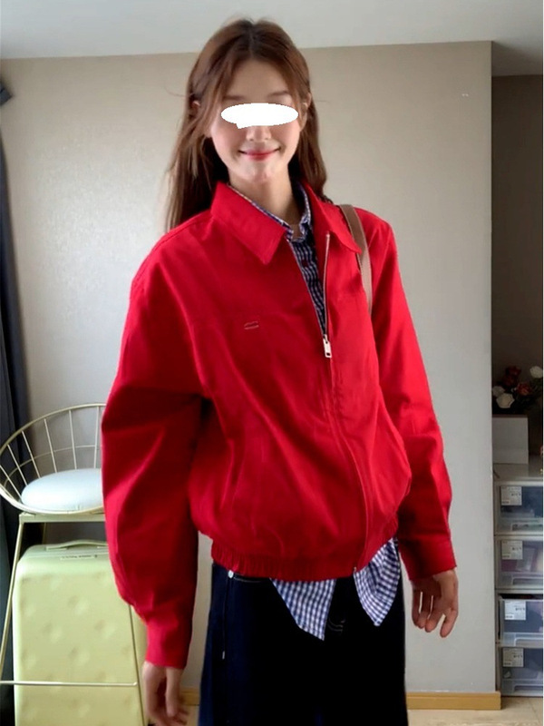 美式复古红色哈灵顿夹克外套女秋季2025新款小个子早秋休闲上衣潮|undefined