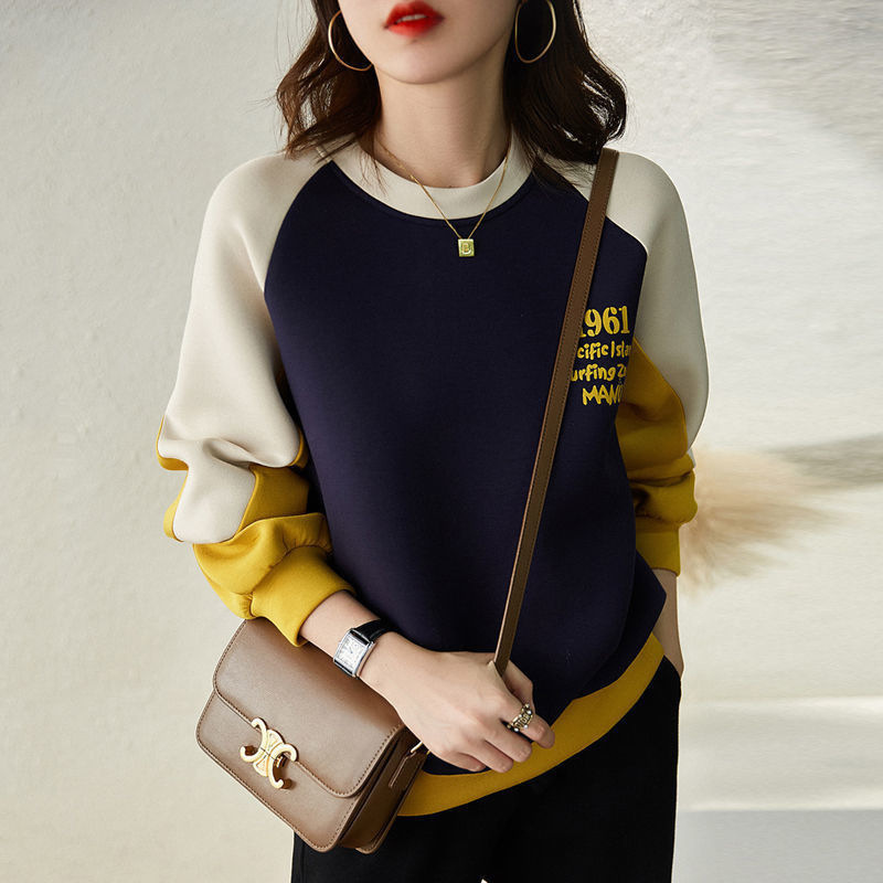 Popular Cotton Sweatshirt for Women, Trendy Spring and Autumn Thin Loose Versatile Design with Color-Blocking, Hoodless Age-Reducing Top Popular Cotton Sweatshirt for Women, Trendy Spring and Autumn Thin Loose Versatile Design with Color-Blocking, Hoodless Age-Reducing Top