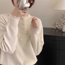 毛衣女白色内搭长袖蕾丝打底衫宽松秋冬休闲风显瘦时尚洋气针织衫