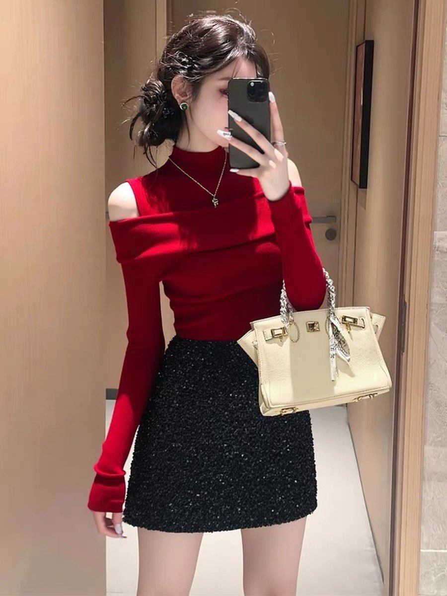 Áo len cổ lọ nữ thiết kế hở vai phong cách quý tộc — Rượu vang đỏ