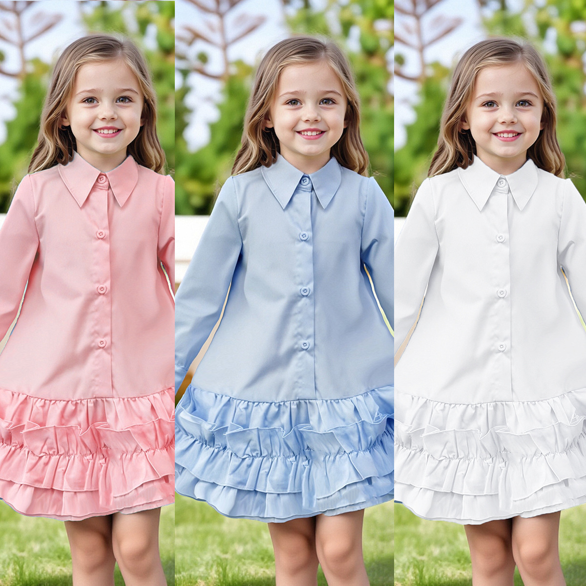 Girls Skirt Long Sleeve Shirt Collar Patchwork Dress Cake Skirt 2025 Spring Autumn Clothes New Outfit 3-8 Years Old