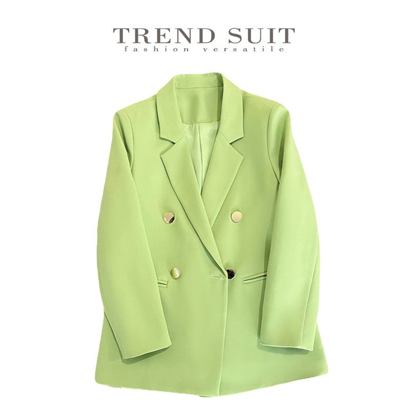 Green Blazer for Women 2024 Spring New Korean Style Elegant Casual Metal Buckle High-End Off-White Small Suit