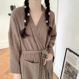 实拍2025春季新款睡衣韩系复古条纹印花棉睡袍家居服女外贸批发
