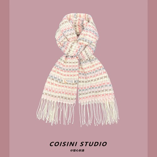 Japanese small fresh light pink small plaid imitation cashmere tassel scarf women's winter warm and versatile skin-friendly scarf trend