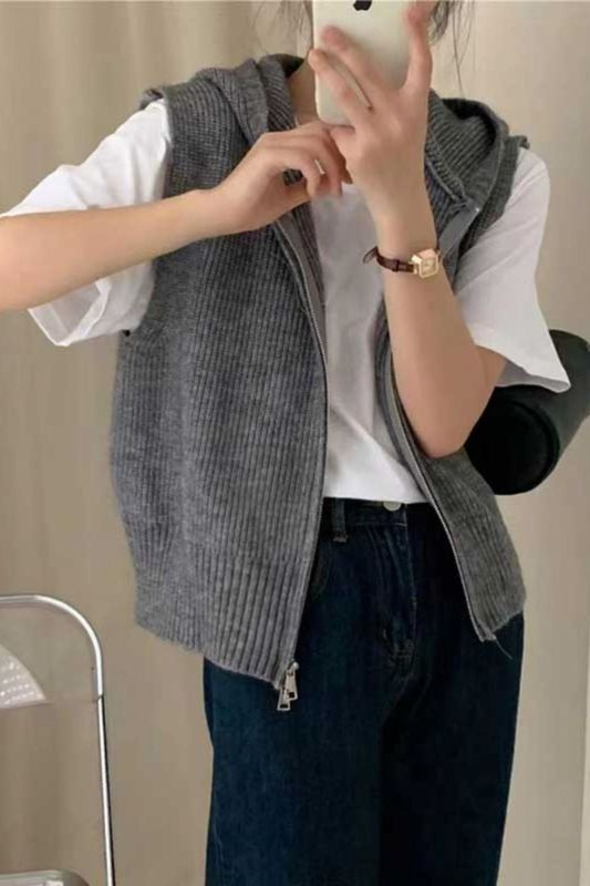 针织开衫马甲女2025早秋季新款宽松无袖休闲百搭拉链连帽毛衣外套|undefined