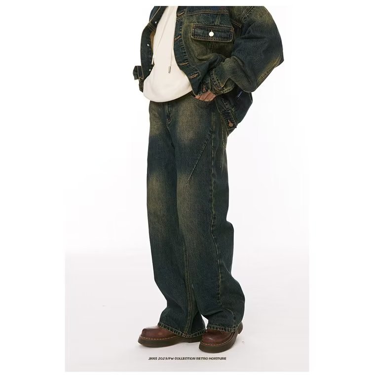 Washed blue jeans, high street style, loose fitting wide leg pants, retro American style, versatile trend_voghion.com
