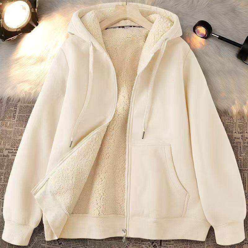 Lamb wool hooded sweatshirt for young men, autumn and winter style, fleece-lined, thickened, warm, loose-fitting, casual cardigan jacket
