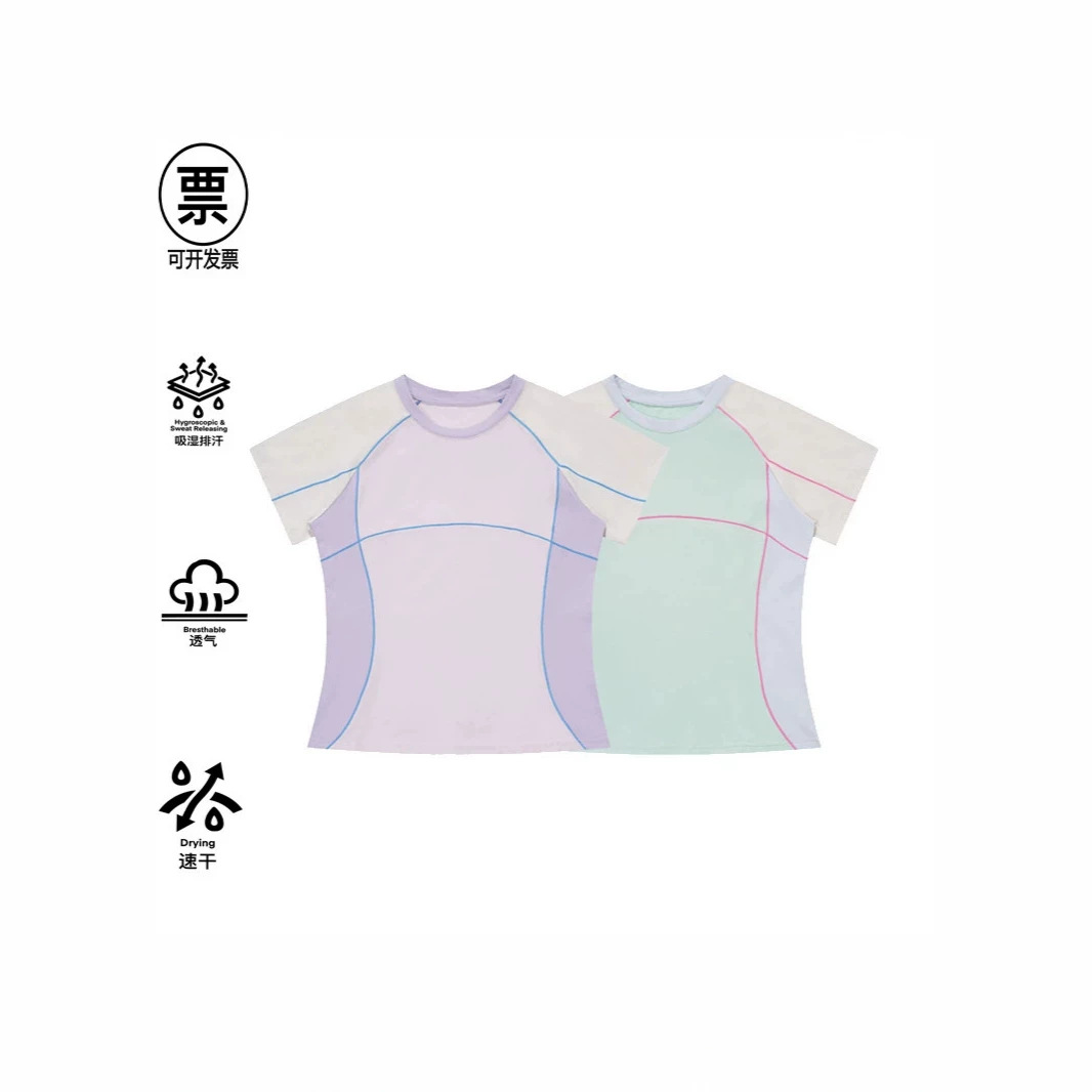 短袖T恤女拼色修身显瘦运动透气吸湿速干短款上衣T8505