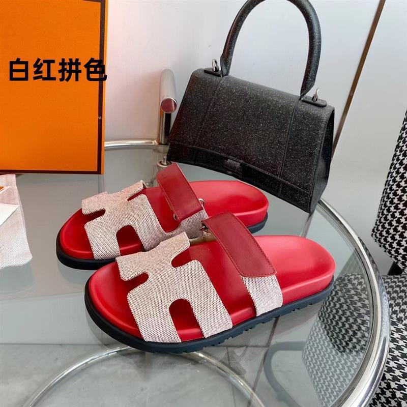 女性用の高品質の二級サンダル、ビーチ用の第一層牛革ベルクロスリッポン、男性用のフラットビッグブランドスリッパ|undefined