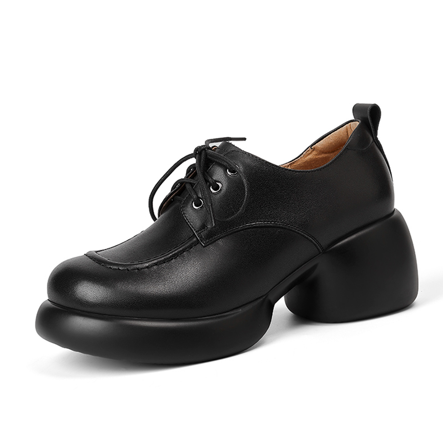 Giày loafer nữ dây buộc phong cách Anh, gót vuông 5,5 cm, mũi sâu, đế dày — màu nâu