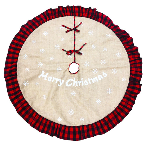 New Christmas Decorations - Christmas Tree Skirt with Pleated Edge, Red and Black Checkered Fabric Christmas Tree Skirt
