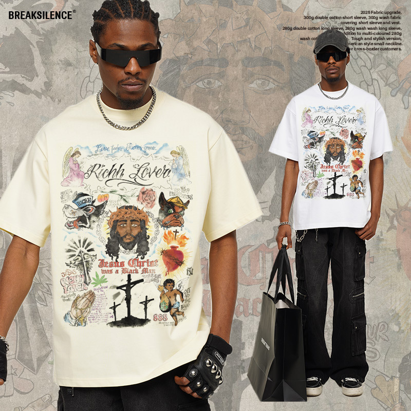 2025 Cross-border Summer Hand-painted Graffiti American Style Retro Old Heavy Cotton T-shirt Printed Men's Short-sleeved Base