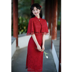 Lace Bride Red Dress Wedding Cheongsam 2023 Spring Summer New Fashion Modified Women's Long Length Cheongsam Dress Set