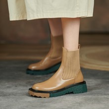 新品拼接毛線筒女靴ds9-13d厚底粗跟彩跟牛皮短靴氣質女靴