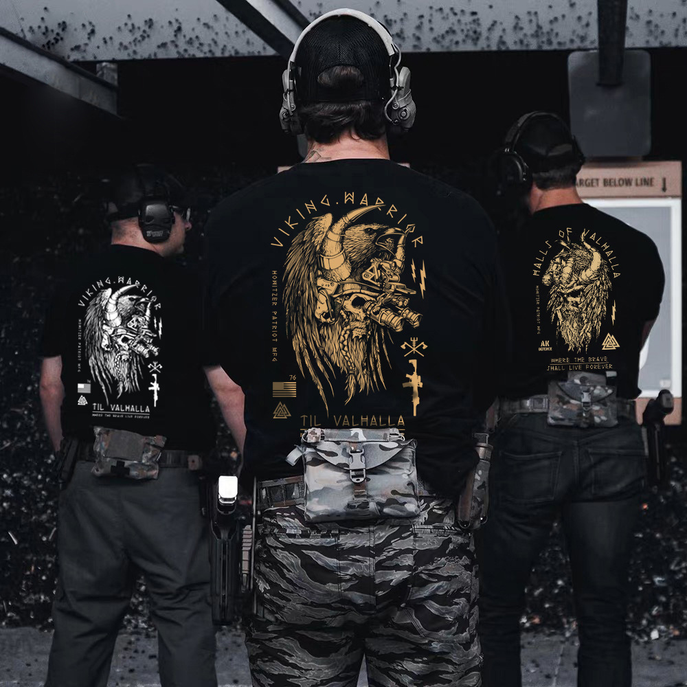 Ins Scandinavian Mythology Printed Short-Sleeved T-Shirt for Men Summer Tactical Military Fan Round Neck Half-Sleeved Large Size Men's Clothing Cartoon Animation