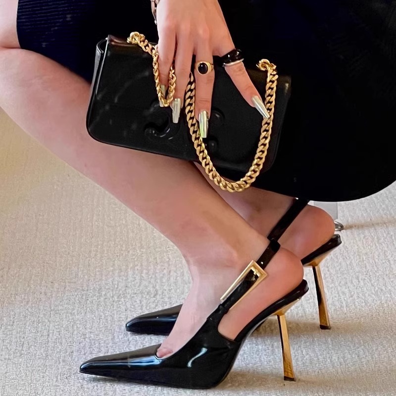 Black Pointed Toe Slingback High Heels with Small Gold Bar Design, Patent Leather, Metal Cap Toe, Sexy Mature Women's Sandals