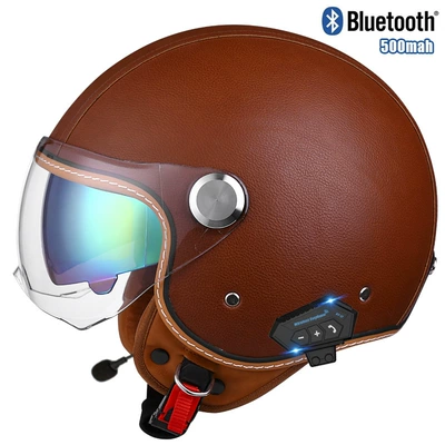 female male retro leather helmet, Motosiklet kaskı (dəbilqə) - lychee-pattern-brown-short-outside-and-colorful-inside-bluetooth-m