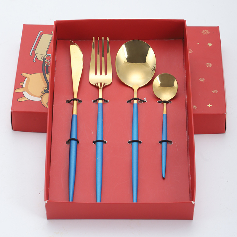 Amazon caja de regalo de Navidad transfronteriza cuchillo de acero inoxidable portugués, tenedor y cuchara conjunto de cuatro piezas cuchillo de carne y tenedor cuchara de comida principal