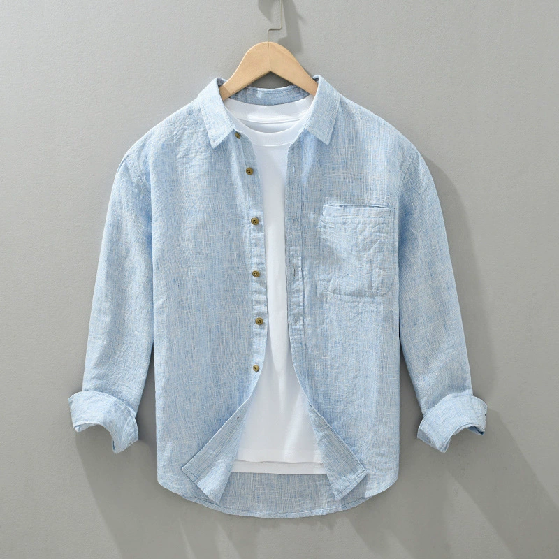 2408 Цветная дышащая чистая льняная повседневная рубашка мужская весна ретро с квадратным вырезом рыхлый хлопок льняный топ куртка прилив