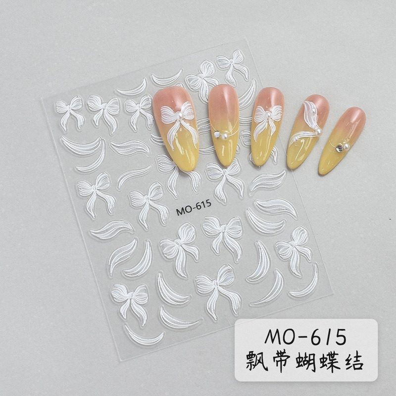 飘带蝴蝶结美甲贴纸浮雕立体纯白粉色ins风幻彩diy穿戴甲指甲贴纸|undefined