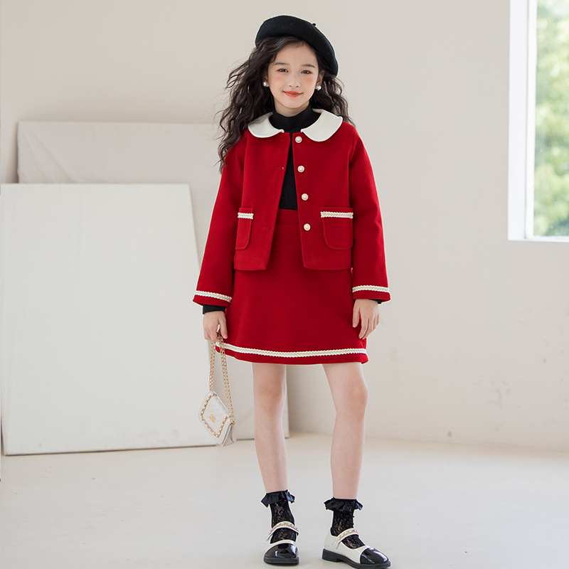 Girls Red Coat Year's Greetings Woolen Two-piece Set Girls Clothes Winter Big Children's Quilted Woolen Suit