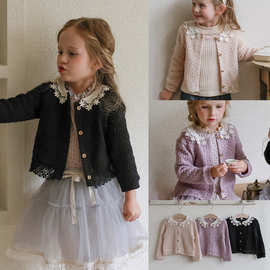 女童针织开衫秋季2026草莓珊韩国儿童女孩洋气蕾丝翻领针织外套
