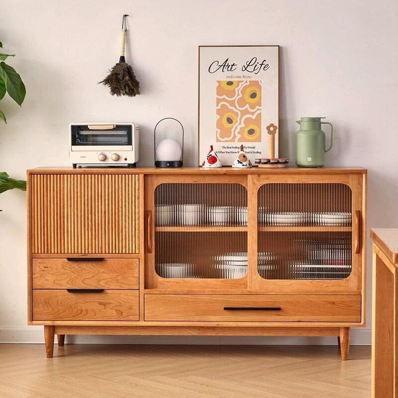Nordic solid wood Japanese-style living room sideboard storage cabinet, modern minimalist small apartment storage with sliding doors