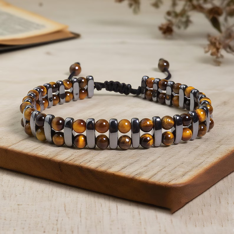 Tiger Eye And Black Agate Beaded Bracelet For Men, Natural Stone_voghion.com
