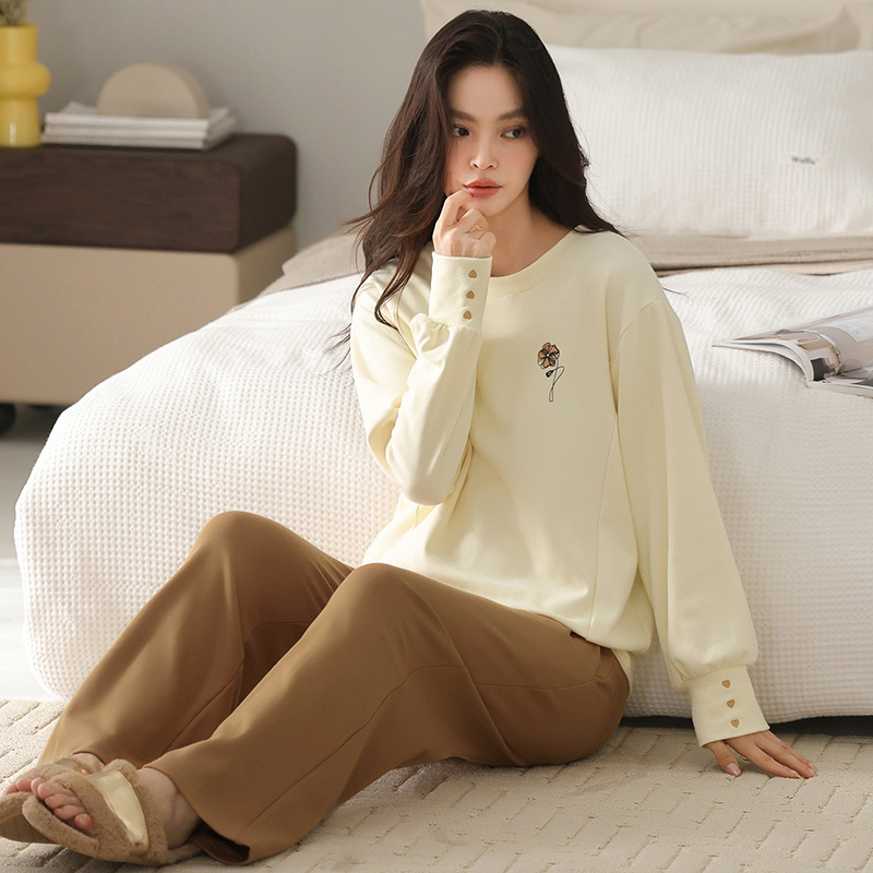 【50支莱卡棉】休闲女士纯棉睡衣春秋季长袖套装新款冬天家居服女