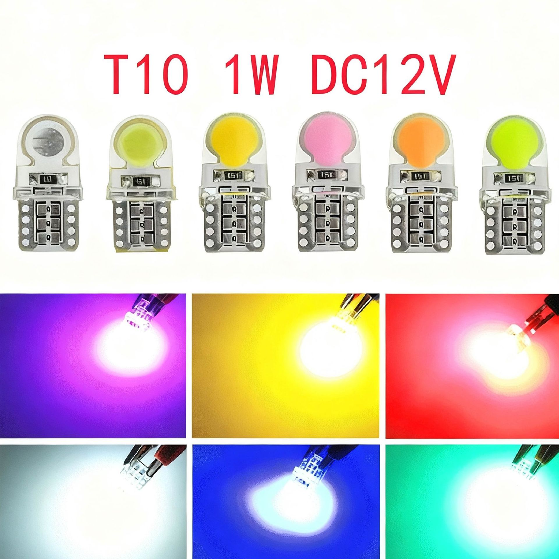 Venta caliente transfronteriza T10 silicona pequeña luz COB ancho luz coche 12V Blanco Azul Rojo Amarillo hielo azul Rosa Verde LED placa de matrícula Luz