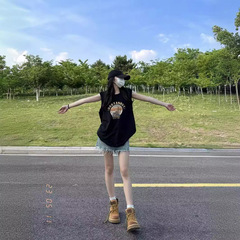 黑色下衣失蹤t恤女裝夏季潮牌外穿大版寬鬆休閒背心坎肩無袖上衣