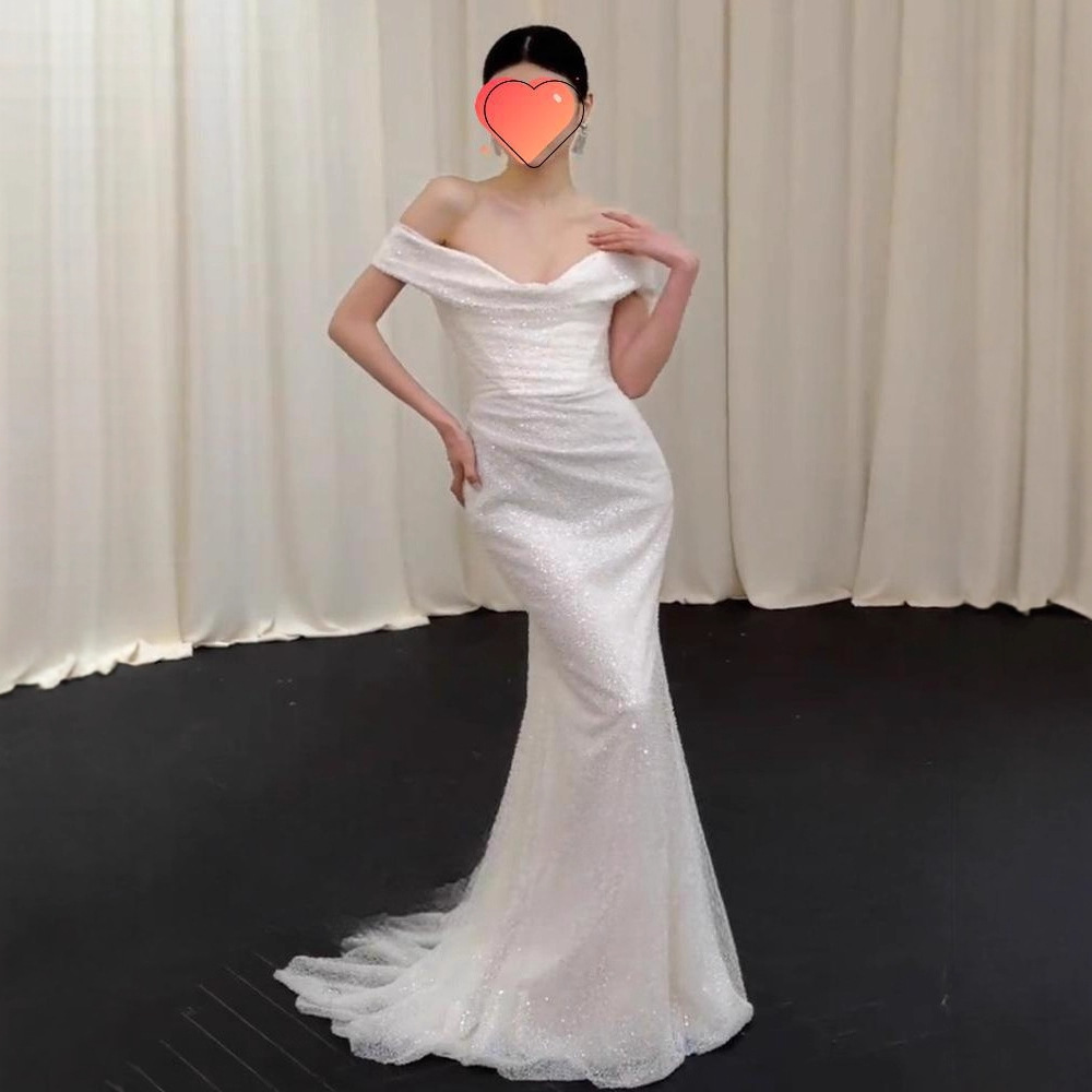 High-End One-Shoulder White Sequined Small-Trailing Evening Dress, Engagement Light Luxury Fishtail Skirt, Slimming and Light Wedding Dress