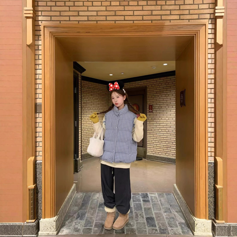 Cute Blue Plaid Cotton Vest 2025 Autumn and Winter Women's Bread Jacket Sweet Plaid Cotton Short Cotton Jacket