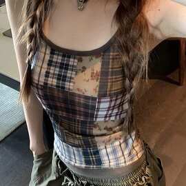 ins风网红复古辣妹格子撞色印花修身圆领短款外穿无袖背心上衣女