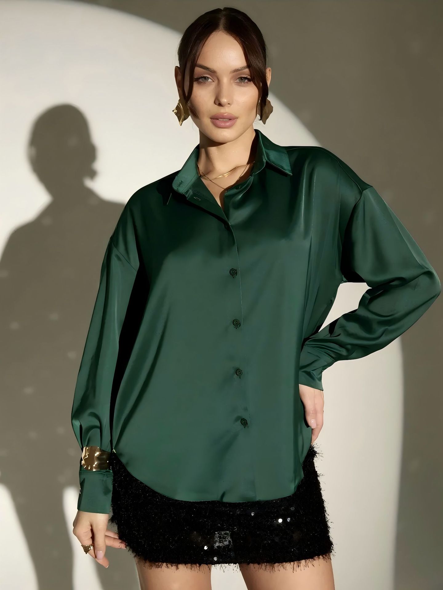 Women's Solid Color Acetate Long Sleeve Shirt Spring New Arrival Silky Satin Feel Wrinkle Resistant Drapey Texture Basic Top_ecoleips.com