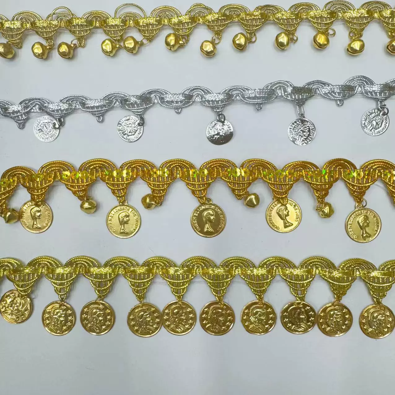 现货供应金银丝宝塔金属片铃铛挂片花边民族肚皮舞装饰演出服辅料