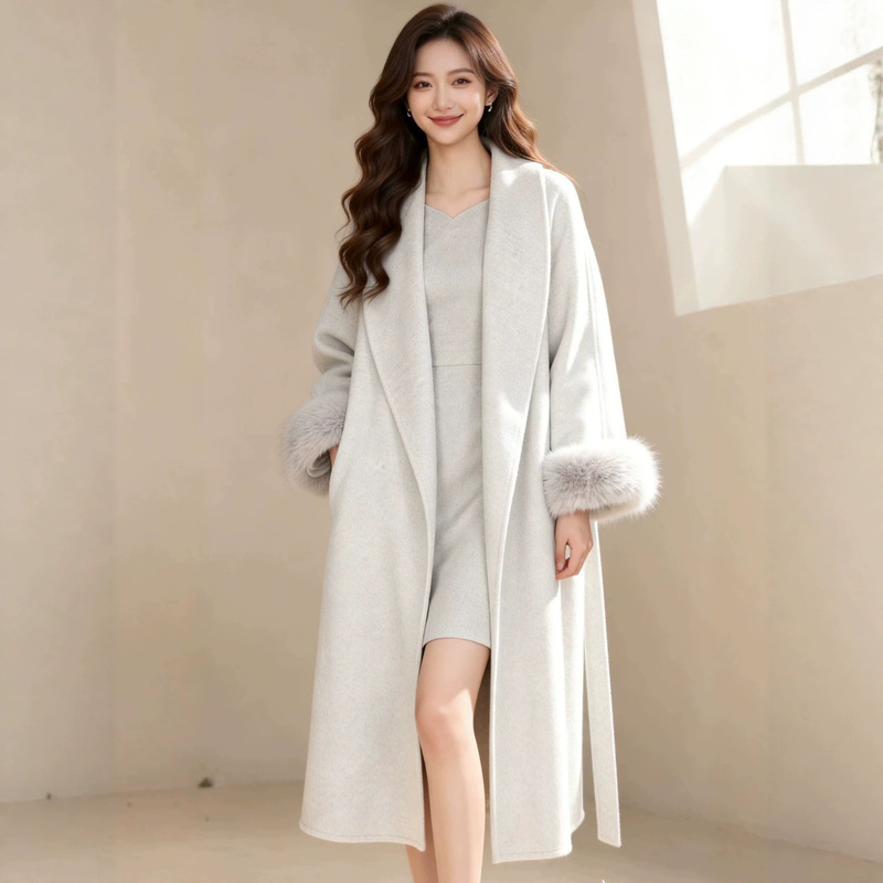 Loerveera Women's Long Coat Popular Style Woolen Coat with Fur Collar 25068m White