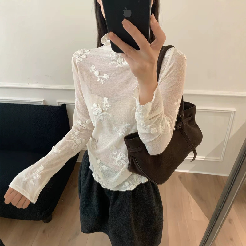 Trendy and High-End Floral 3D Embroidery Lace Base Shirt for Women, Autumn and Winter Slim-Fit Round Neck Long-Sleeve T-Shirt Lace Top Trendy and High-End Floral 3D Embroidery Lace Base Shirt for Women, Autumn and Winter Slim-Fit Round Neck Long-Sleeve T-Shirt Lace Top