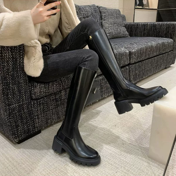 Women's Long Boots 2026 Autumn and Winter New Style for Petite Women, Thick-Soled Height-Increasing Side Zipper Fleece-Lined High Boots, Chunky Heel Riding Boots for Women